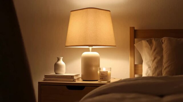 Relaxing Evening Still Life Of A Bedside Table Lamp In A Cozy Bedroom Setting