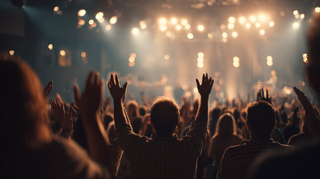 Joyful Christian Worshippers Raising Hands in Unity at an Uplifting Concert Event in a Vibrant Church