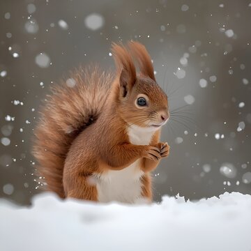 A cute fluffy red squirrel with a long tail sits on a snow-covered tree branch in the winter forest eating a nut