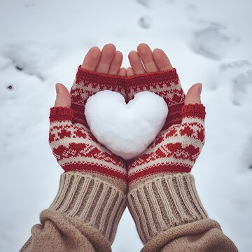A pair of warm red knitted wool mittens held in hands creates a heart shape against a white snow background for a cozy winter fashion concept