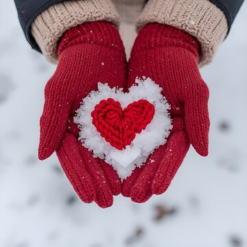 A baby wearing warm red wool knit mittens holds a small red heart in their hands against a backdrop of white winter snow