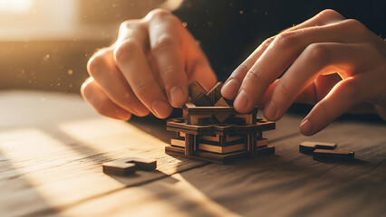 Close up of hands assembling a complex geometric wooden puzzle with warm sunlight on table