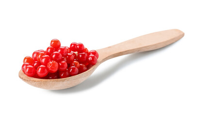Wooden spoon with fresh viburnum berries on white background