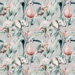 Tropical seamless pattern with flamingo. Watercolor tropic drawing, rose bird and greenery palm tree, tropic green texture, exotic flower