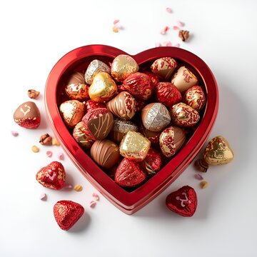 Gourmet heart shaped chocolate candies and delicious brown nut shells are arranged as a sweet Christmas dessert decoration in a fresh, isolated gourmet box