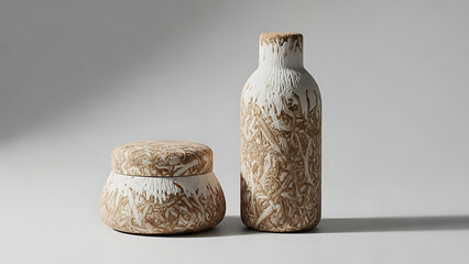 Luxury cosmetic bottles made from organic mycelium material on a neutral background, eco-packaging