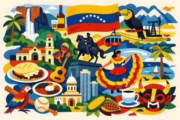 Venezuela Travel Illustration, Culture, Food and Landmarks