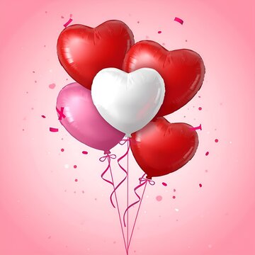 Red heart shaped balloons float in the air as a romantic Valentine's Day party decoration symbol for a happy holiday celebration gift card illustration