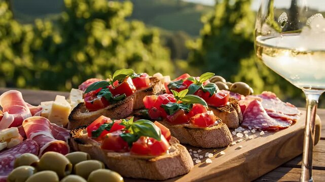 Delicious bruschetta with various toppings on a wooden board for lunch in vineyards