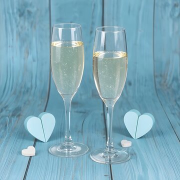 Two crystal flutes of bubbly golden champagne with fizz and bubbles stand on a table for a celebratory wedding or New Year holiday party
