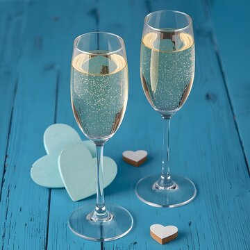 Two elegant crystal flutes of sparkling champagne fizz with golden bubbles on a table, creating a celebratory toast for a wedding, anniversary, or New Year holiday party