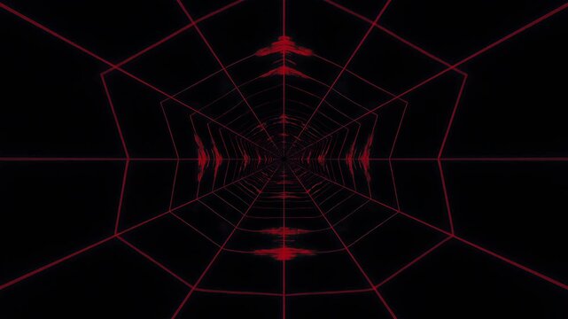 A futuristic red spider web design against a black background with neon lines and glowing red accents