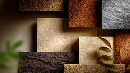 Sustainable natural tone background for sustainable business Rustic layered paper and leather textures collage with autumn leaves, warm neutral background for eco branding and design