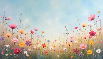 Pastel wildflowers bloom in a sunlit meadow under a soft blue sky. Pink orange yellow flowers grow tall, with small purple buds and white daisies dotting the field. Nature scene inspires calm.