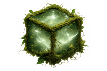 Glowing green moss cube featuring ethereal energy and vibrant leaves, representing magic, nature, and fantasy on transparent background