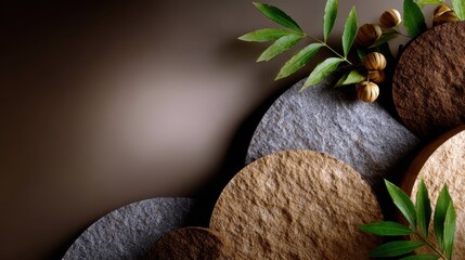Sustainable natural tone background for sustainable business Abstract natural stone circles background with green leaves, spa wellness mockup with copy space