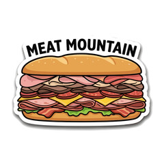 Fototapeta premium Meat mountain sub sandwich vector sticker. Giant stacked baguette with ham bacon and salami. Carnivore big lunch meal illustration.