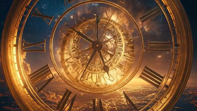 Ornate clock face hovering in a sky filled with clouds and stars.