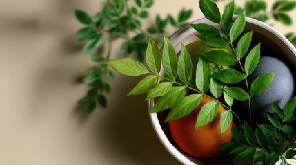 Sustainable natural tone background for sustainable business Zen spa still life with green leaves and hot stones in bowl, wellness and natural therapy background