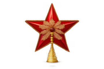 Red star christmas tree topper ornament with golden decorations, a festive holiday symbol on transparent background