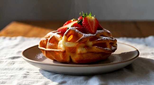 Liege Waffle with Caramel Drizzle, Fresh Strawberry and Mint Garnish Close-Up