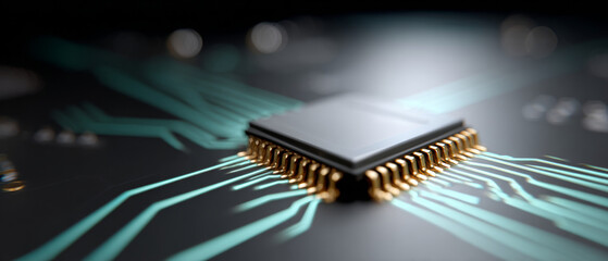 Close-up of a microchip with gold pins and glowing blue circuit lines on a dark motherboard background, highlighting modern electronic technology and connectivity