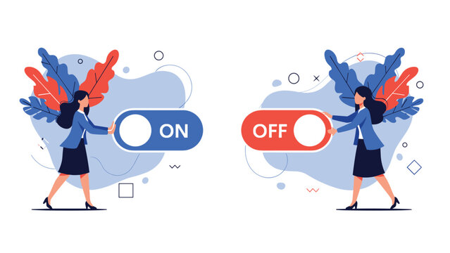 Businesswomen operating large on and off switches representing decision making control and system management processes.