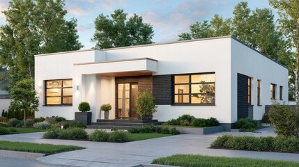 Modern minimalist white house design exterior perspective with landscaping details
