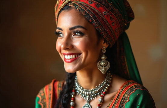 Smiling Algerian woman wears traditional Kabyle dress and ornate jewelry. Her headscarf and attire feature vibrant colors and patterns, highlighting cultural heritage and beauty.