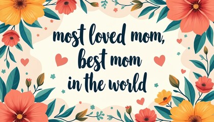 Elegant floral frame with warm colors encircles text celebrating mothers. Wording says loved mom, best mom in world expressing deep appreciation. Decorative flowers, leaves enhance heartfelt message