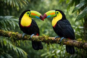 Fototapeta premium Close-up of Two Keel-Billed Toucans Kissing on a Branch