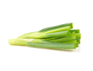 Green spring onions, chopped green onions isolated on white background.