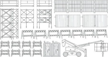 Fototapeta premium Detailed outline of various construction elements and temporary facilities arranged in an organized fashion, illustrating the tools and infrastructure used in construction sites.