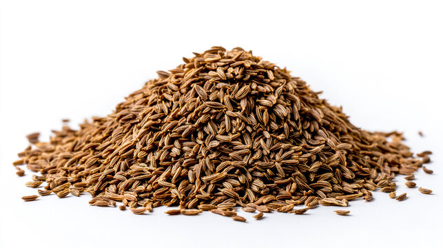 Pile of heap of piled-up cumin seeds, isolated on a white background