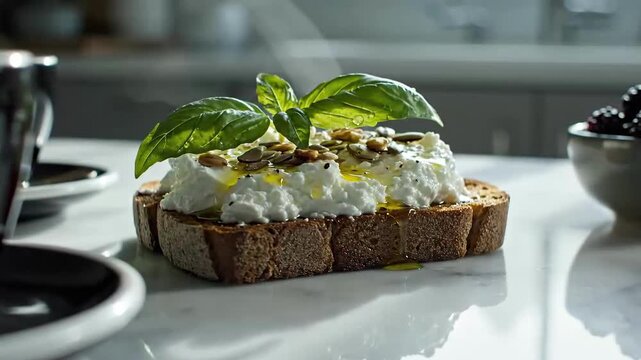 Ricotta And Olive Oil Bruschetta On A Marble Table With Coffee And Blackberries Close-Up