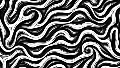 Black and white wavy lines form a swirling seamless pattern. Bold curved strokes create a modern abstract design. This graphic has a fluid, energetic feel, ideal for backgrounds and textures.