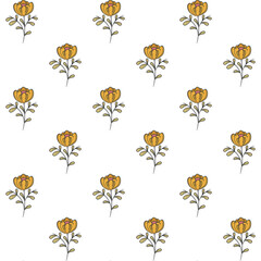 Yellow Floral Pattern With Orange Tulip-Like Flowers On White Background