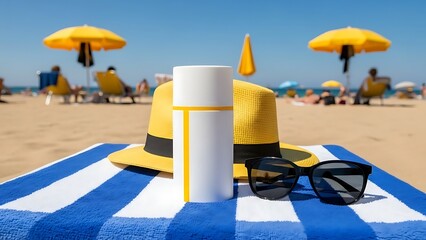 White and yellow sunscreen bottle on blue striped towel with yellow hat and sunglasses beach