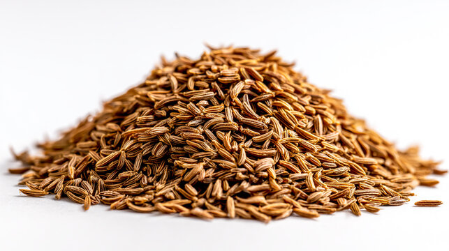 Pile of heap of piled-up cumin seeds, isolated on a white background