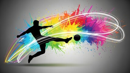 Creative illustration of a player kicking a ball with colorful lines.