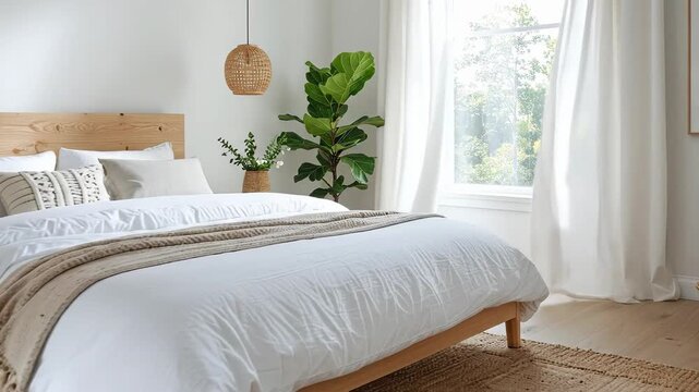 Bright bedroom with a wooden bed frame, white bedding, and indoor plants.