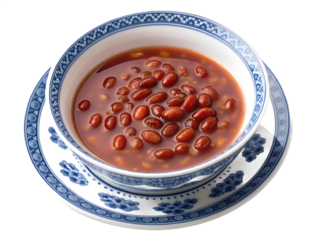 Red Bean Soup Whole Red Beans Sweet Broth Dried Tangerine Peel in Blue-Rimmed Porcelain Bowl Photorealistic Top-Down Transparent Background Chinese Sweet Soup