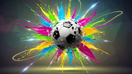 High energy soccer ball surrounded by vibrant artistic splashes.
