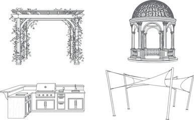 A collection of architectural designs for outdoor living spaces, including a pergola, gazebo, outdoor kitchen, and shade structure, presented in an elegant and detailed style.