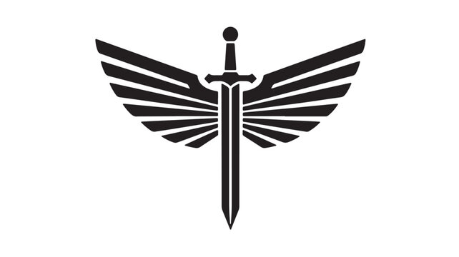 Winged sword emblem with bold black silhouette and feathered wings extending from a central blade, minimalist heraldic design on white background