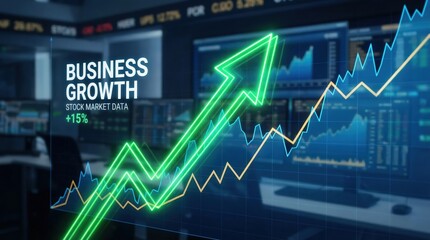 Green arrow pointing upward on financial graph. Business growth chart with rising trend line. Digital stock market data visualization for investment analysis