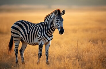 Zebra stands in dry golden grassland savanna at sunset. Wild African animal with black and white stripes grazes peacefully. Natural wildlife habitat, safari theme.
