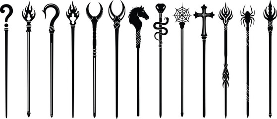 Fantasy magic staffs and wands silhouettes set featuring mystical symbols, fire, snakes, spiders, and medieval sorcery designs, black wizard weapon icons isolated on white background © Mst