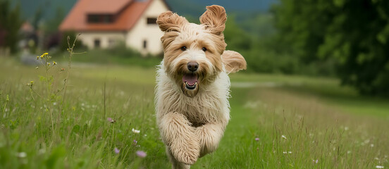 A happy dog runs through a field towards the camera on a sunny day transparent background