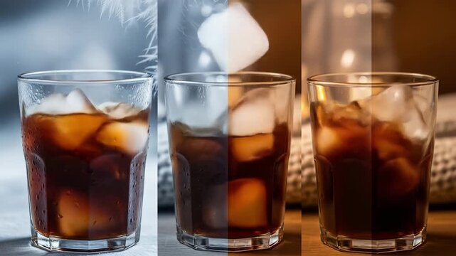 Three glasses with ice cubes and dark liquid, showcasing different lighting conditions.